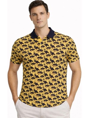Mzp Kartan Erkek Pike Kumaş Polo Yaka Palmiye Desenli Tişört Kısa Kol Yazlık T-Shirt - Sarı