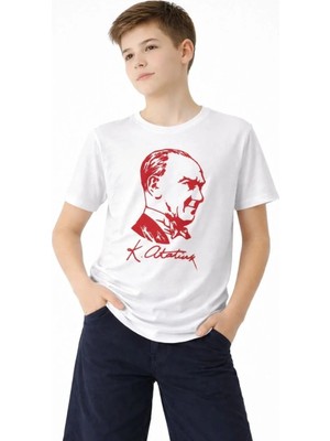 Mzp Kartan Erkek Çocuk Atatürk Baskılı Tişört Kısa Kollu Bisiklet Yaka T-Shirt - Beyaz