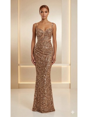 HNN8077 Serisi Işıltılı Payet Işlemeli Gold Balık Abiye Elbise