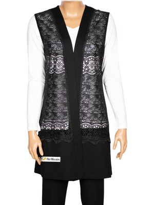 Hermevsim Hesna Kadın Sofya Önü Dantel Basen Altı Penye Siyah Yelek