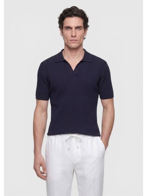 Ramsey Lacivert Çizgili Ipek Karışımlı Triko