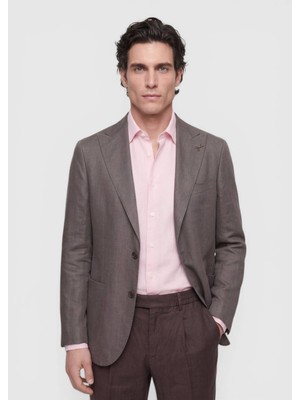Ramsey Açık Kahve Düz Zeroweight Slim Fit Keten Karışımlı Ceket