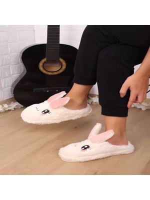 Fbk Peluş Kadın Tavşanlı Panduf Terlik Beyaz Renkli Hayvanlı Desenli Rahat Ayakkabı