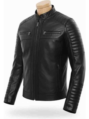 Moda Birbey Siyah Hakiki Kuzu Derisi Fermuarlı Kol ve Omuz Şişme Detaylı Hakiki Deri Mont Ceket