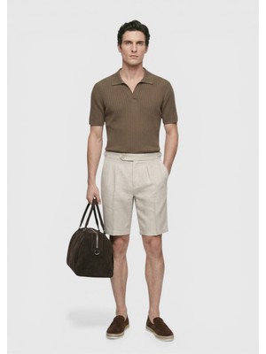 Ramsey Bej Düz Dokuma Carrot Fit Casual %100 Keten Bermuda