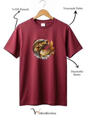 Widi Unisex Balıkçı Sazan Balığı Baskılı %100 Pamuk Bisiklet Yaka Basic Tişört