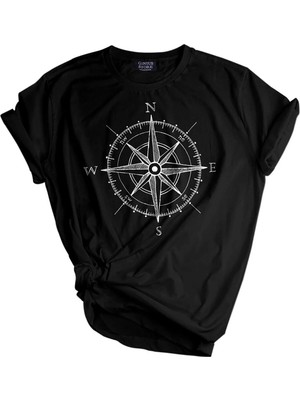 Genius Store  Unisex Baskılı Tişört Outdoor Normal Kalıp Tshirt  (Pusula Siyah)
