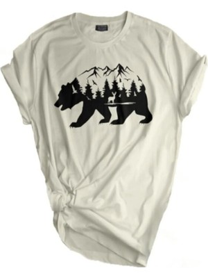 Genius Store  Unisex Baskılı Tişört Outdoor Normal Kalıp Tshirt  (Ekru Ayı)