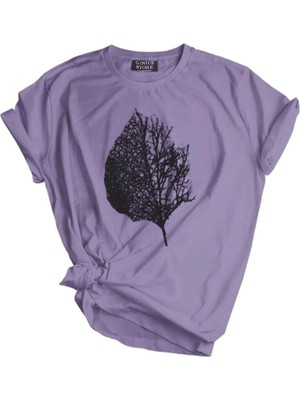 Genius Store  Unisex Baskılı Tişört Outdoor Normal Kalıp Tshirt  (Yaprak-Lila)