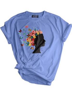 Genius Store  Unisex Baskılı Tişört Outdoor Normal Kalıp Tshirt  (Çiçek Kadın Mavi)