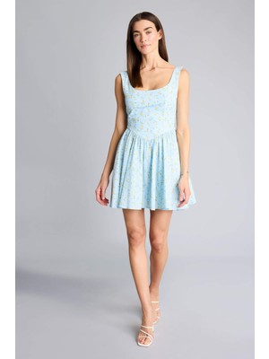 DeFacto V Yaka Floral Poplin Kolsuz Mini Elbise H5282AX26SP