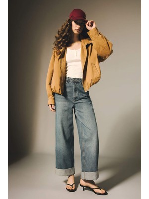 DeFacto %100 Pamuk Baggy Fit Yüksek Bel Katlamalı Paça Jean Pantolon E9134AX25AU