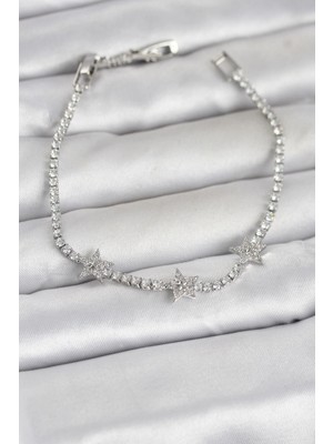 LTG Nova Pirinç Gümüş Renk Yıldız Model Zirkon Taşlı Su Yolu Kadın Bileklik