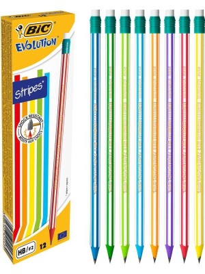 Bic Evolution Stripes Renkli Silgili Kurşun Kalem 12'li Kutu 1 Adet Altıgen Gövdeli
