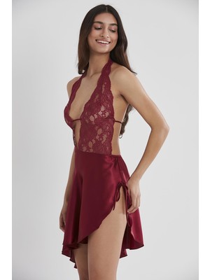 Kadın Pierre Cardin Saten Dantelli Gecelik - 805 Bordo Renk Yumuşak Kumaş ve Zarif Detaylar
