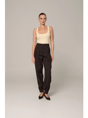 Thalure Kadın Kahverengi Ekoseli Manşetli Pantolon