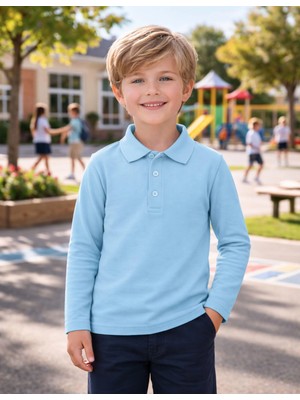 Organickid Polo Yaka Basic Mavi Uzun Kollu Çocuk T-shirt