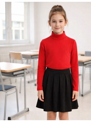 Organickid Basic Unisex Çocuk Kırmızı Yarım Balıkçı Yaka Uzun Kollu T-Shirt