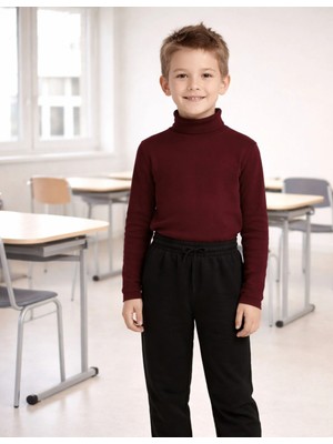 Organickid Basic Unisex Çocuk Bordo Yarım Balıkçı Yaka Uzun Kollu T-Shirt
