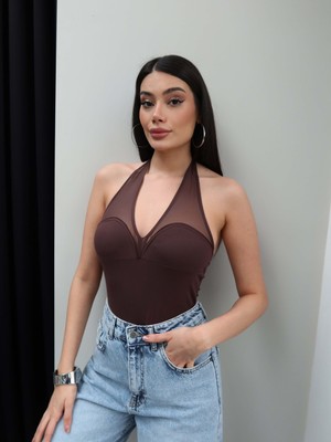 Esra Helvacı Tül Detay Halter Yaka Bodysuit