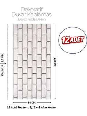 Brano 30X60 cm Kendinden Yapışkanlı Duvar,banyo,tezgah Arası Kaplama Beyaztuğla Desen 12 Adet