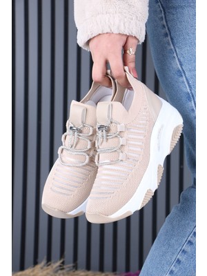 Sefayol Joella Nude Beyaz Taban Triko Taşlı Bağcıklı Kadın Spor Ayakkabı