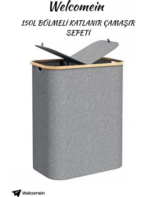 PremiumPort 150L Katlanabilir Bambu Çamaşır Sepeti, Geniş ve 2 Bölmeli