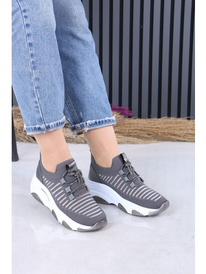Sefayol Joella Gri Triko Taşlı Bağcıklı Kadın Spor Ayakkabı