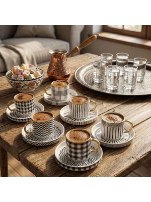 Adoz Shopping 6 Kişilik Porselen Türk Kahvesi Fincan Takımı - Siyah Beyaz Geometrik Desenli, Kulplu 12 Parça Lüks Sunum Seti