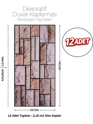 Brano 30X60 cm Kendinden Yapışkanlı Duvar,banyo,tezgah Arası Kaplama Kahverengi Tuğla Desen 12 Adet