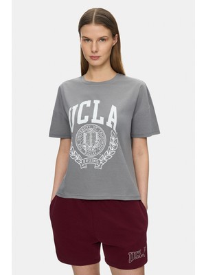 Ucla Avalon Koyu Gri Bisiklet Yaka Baskılı %100 Pamuk Loose Fit Kadın Tshirt