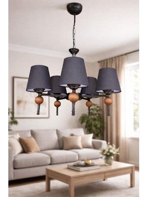 Dede Avize Beş Kollu Linea Avize Ahşap Detaylı Siyah Statik Boyalı Siyah Şapkalı