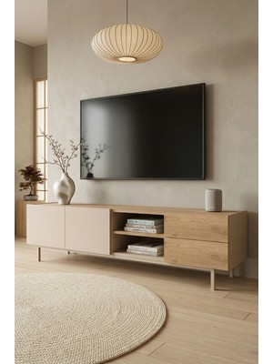Robin Home Luka Tv Ünitesi Sehpası 2 Kapaklı 2 Çekmeceli Ahşap Ayaklı 180CM Kumsal-Sepet