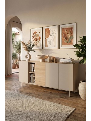 Robin Home Luka Konsol 4 Kapaklı Raflı Ahşap Ayaklı 180CM Kumsal-Sepet