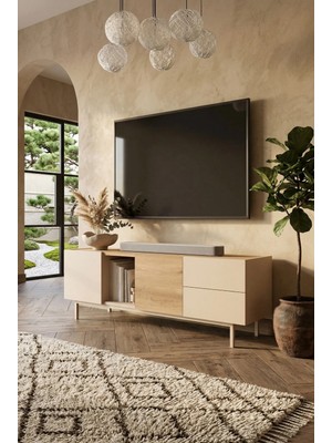 Robin Home Luka Tv Ünitesi Sehpası 2 Kapaklı 2 Geniş Çekmeceli Ahşap Ayaklı 180CM Kumsal-Sepet