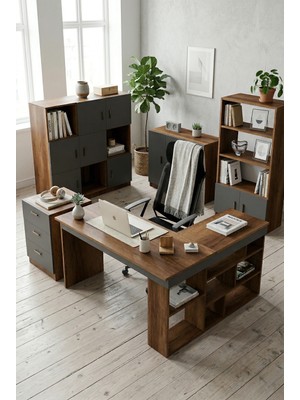 Robin Home Boston Ofis Takımı Ofis Büro Masa Takımı L Masa Barok- Antrasit