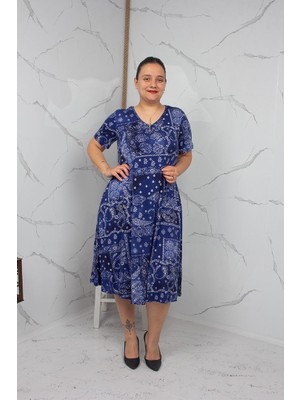 Truva Xxl Mavi Desenli Kristal Pamuklu V Yaka Midi Boy Elbise