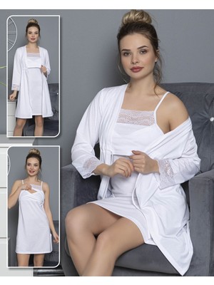 Jenika Kadın Lohusa Penye Sabahlık Takım Beyaz Renk Dantelli Yumuşak Dokulu XL