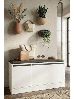 Robin Home Comfort Puflu Minderli Oturaklı Ayakkabılık 3 Kapaklı Dolap 90CM Beyaz