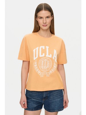 Ucla Avalon Açık Turuncu Bisiklet Yaka Baskılı %100 Pamuk Loose Fit Kadın Tshirt