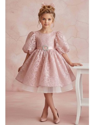 Riccotarz Kız Çocuk Üzeri Boydan Dantel Detaylı Beli Kemer ve Broş Detaylı Karpuz Kollu Pudra Abiye