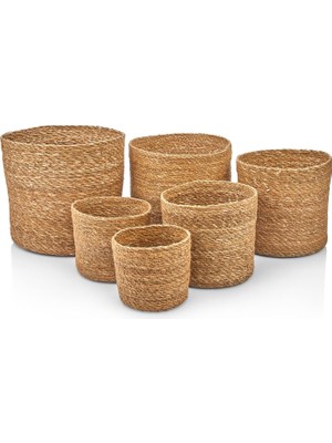 Adoz Shopping 6'lı Rustik El Yapımı Doğal Yuvarlak Hasır Düzenleyici Saksı Seti | 6 Adet Hasır Yuvarlak Organizer Saksılık Dekoratif, Çok Amaçlı ve Dayanıklı Sepetler 6 Farklı Boy