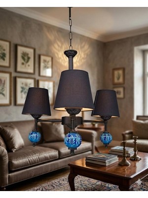 Dede Avize Üç Kollu Mavi Çinili Avize Siyah Statik Boyalı Siyah Şapkalı