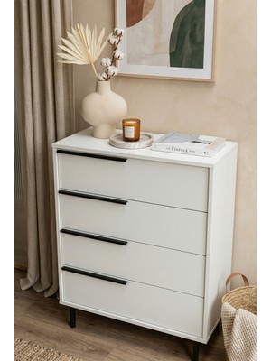 Robin Home Lidya Şifonyer 4 Çekmece Metal Ayaklı Beyaz