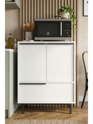 Robin Home Lidya Mutfak Dolabı Mikrodalga 3 Kapaklı Metal Ayaklı Beyaz