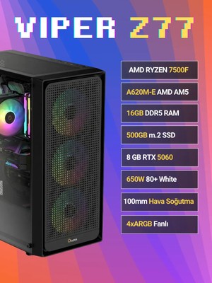 Sinerji Viper Z77 Gigabyte Geforce RTX5060 Windforce Max Ryzen 5 7500F 16GB DDR5 500GB SSD