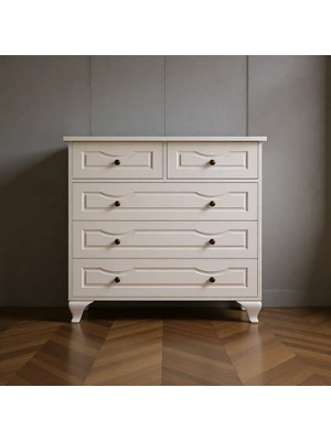 Rabi Mobilya Yağmur Country Şifonyer Mat Beyaz 86 cm Yükseklik 90 cm Genişlik 5 Çekmeceli Tasarım
