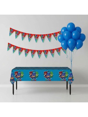 Umamiçe Pijamaskeliler Parti Seti – 10 Mavi Balon + Flama + Masa Örtüsü