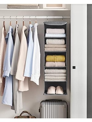 Adoz Shopping Asma Düzenleyici, Dolap Düzenleyici, Asma Raf, Asma Depolama, Katlanabilir ve Yerden Tasarruf, Metal Kancalar ve Bambu Ekler, Dokusu, Gri RYCH06G