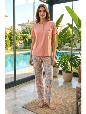 Remsa Kadın Viskon Kumaş Kısa Kol Pijama Takımı 3353 PUDRA02